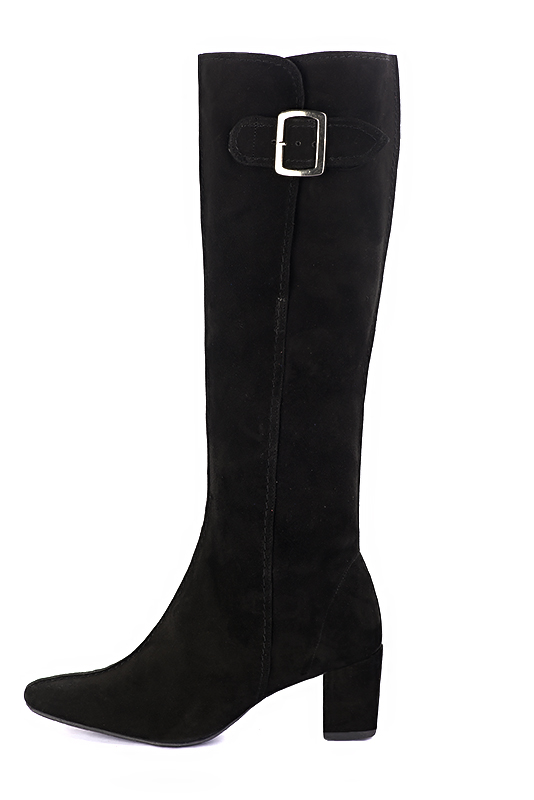 Matt black women's knee-high boots with buckles. Round toe. Medium block heels. Made to measure. Profile view - Florence KOOIJMAN
